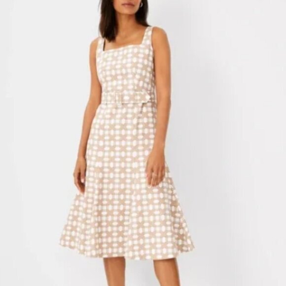 Ann Taylor Rattan Print Belted Flare Dress Tan Size 2 Nwt